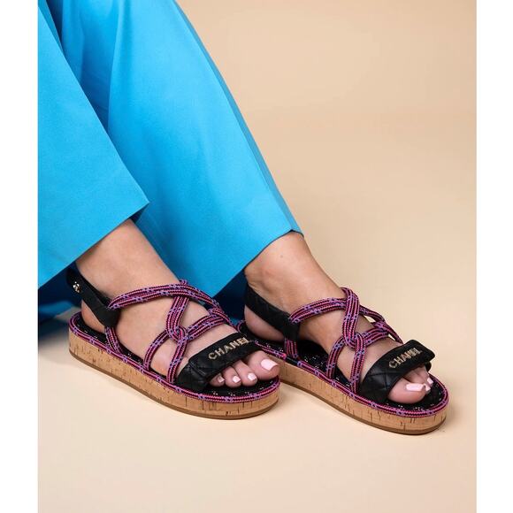 Chanel 2020 Cord Lambskin Quilted Logo Sandals Pink Black - Picture 2 of 14